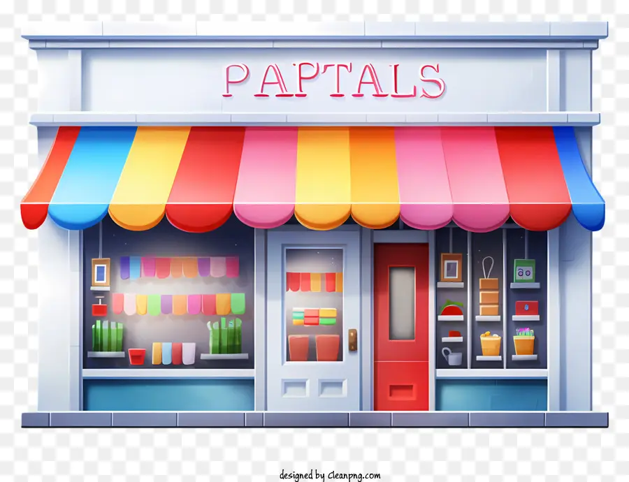 storefront window rainbow striped awning products on display retail store window shopping