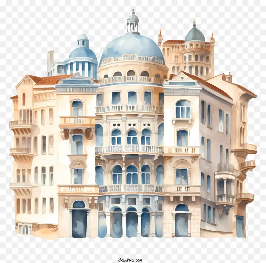Aquarellmalmalerei Großes, kunstvolles Gebäude Historische Architektur Europäischer Stilbalkone im europäischen Stil - Aquarellmalerei von verziertem europäischem Gebäude und Landschaft