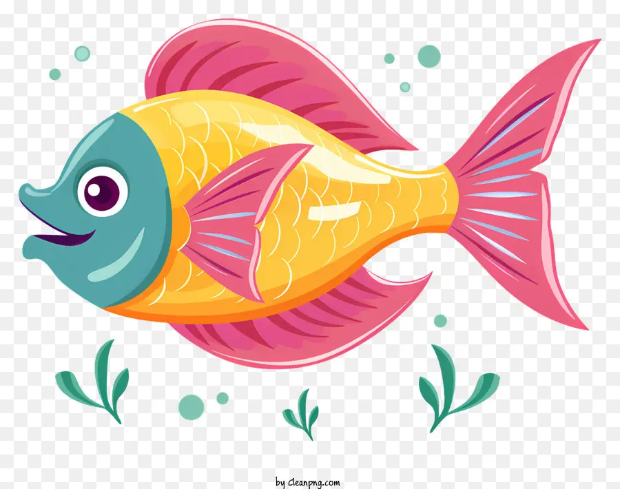 Cá hoạt hình cá bơi lội cá mở vỗ vây cây xanh trong nước - Cá hoạt hình hạnh phúc bơi trong nước đầy màu sắc