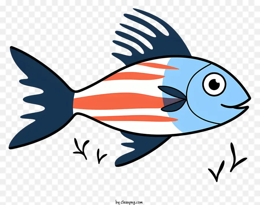 Cartoon Fisch weiße Streifen Blaue Flossen Orangenflossen große Augen - Zeichentrickfisch mit weißen Streifen, blauen und orange Flossen