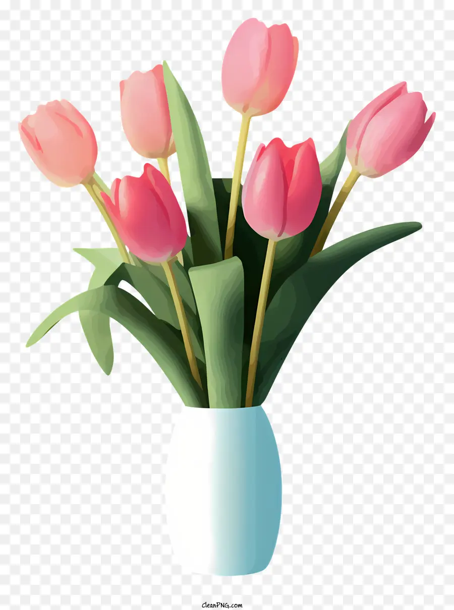 Frühlingsblumen - Pink Tulpen mit grünen Blättern in blauer Vase