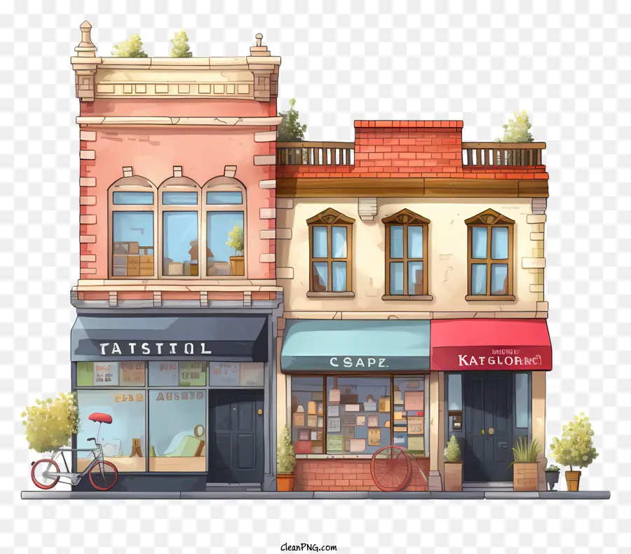 Các tòa nhà nhỏ ở các cửa hàng quán cà phê nhà hàng - Thị trấn nhỏ với các tòa nhà, cửa hàng và quán cà phê đa dạng