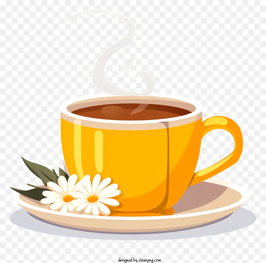 gelbe Tasse Teeunter Untertasse mit Blumenspitze dampfer Tee schwarzer Hintergrund - Gelbe Teetasse mit Blume auf Spitze