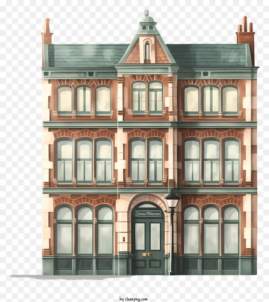 3d building image brown building large windows balcony on second floor flagpole on building