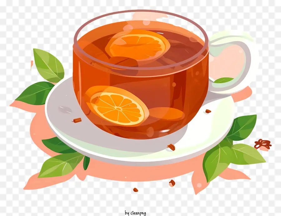 Teeglas Keramik Tasse Löffel Orangenscheibe - Glas Tee mit Orangenscheibe und Löffel