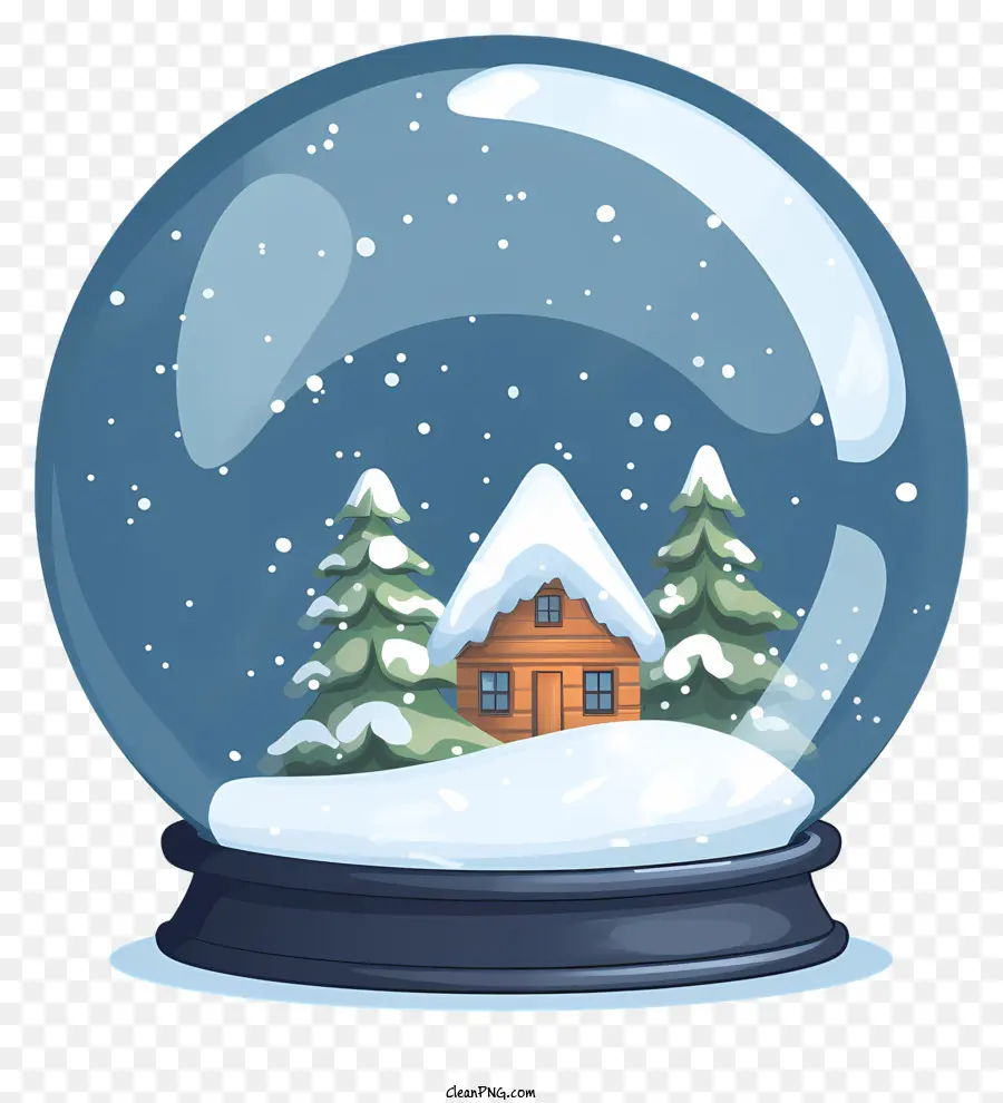 snow globe winter setting snow covered trees thatched roof wooden house