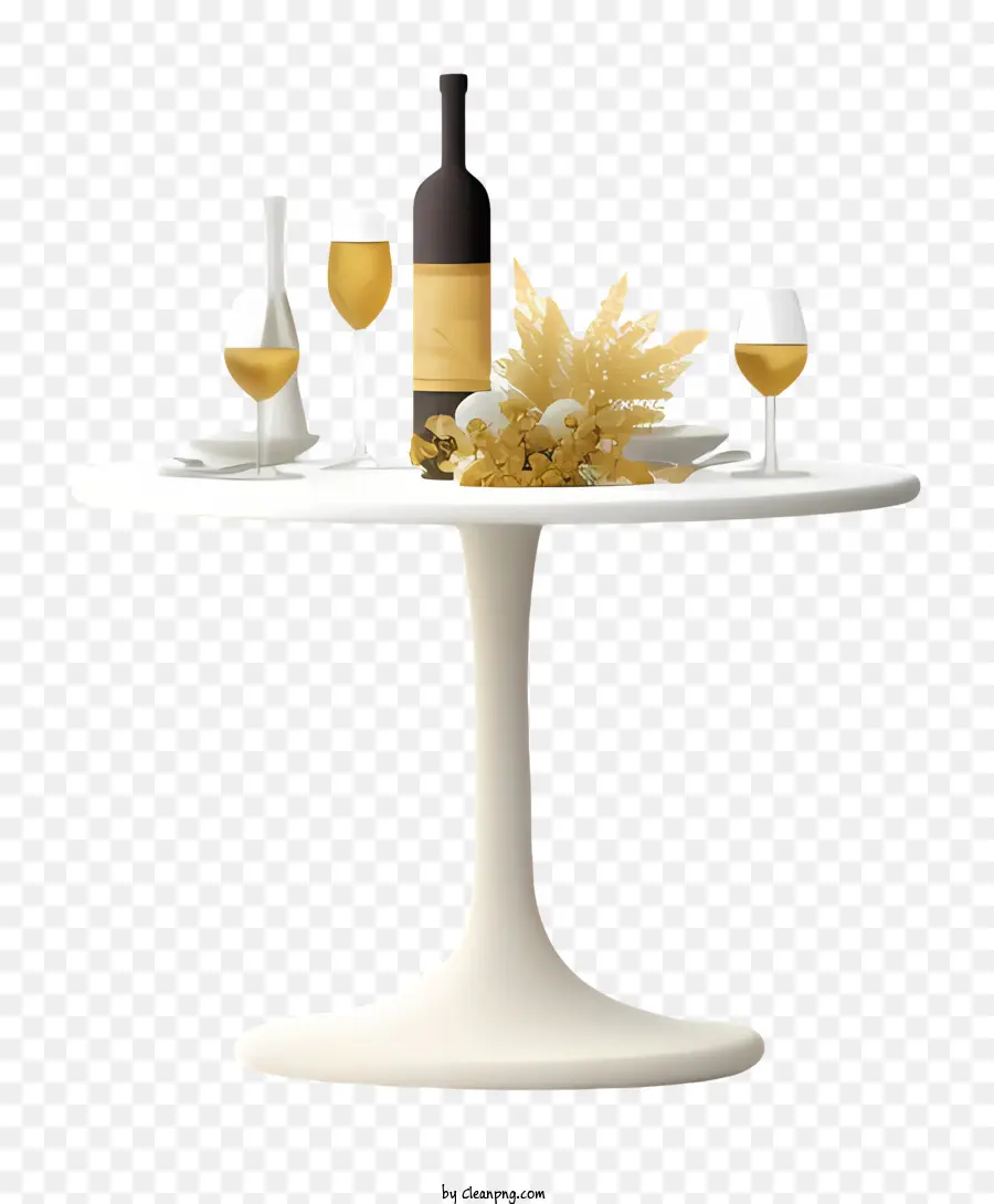 Runde Tisch weiße Tischdecke Goldene Blumen Weißweingläser weiße Serviette - Runder Tisch mit goldenen Blumen und weißer Tischdecke