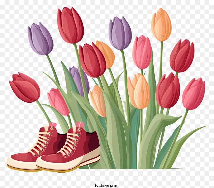 Gesteck - Bunte Tulpen mit roten Schuhen im Vordergrund