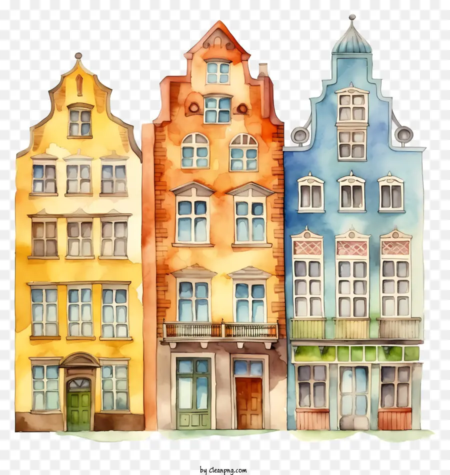 Aquarell Gemälde farbenfrohe Gebäude Architekturstile Balkonfenster - Farbenfrohe Gebäude mit verschiedenen architektonischen Stilen gestrichene Aquarelle
