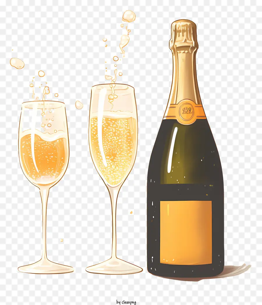 Champagner - Champagnerflasche, Brille mit Blase, schwarzer Hintergrund