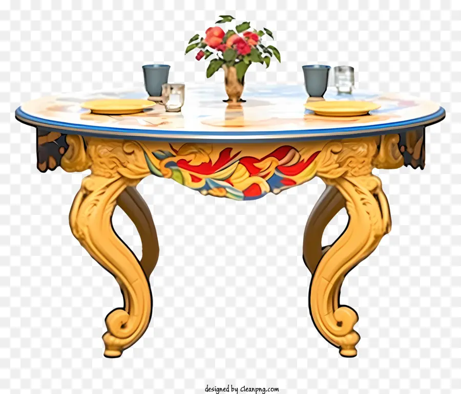 Holztisch - Tisch mit gelbem und blauem Muster, Holzbasis, Marmoroberteil, Blumenvase