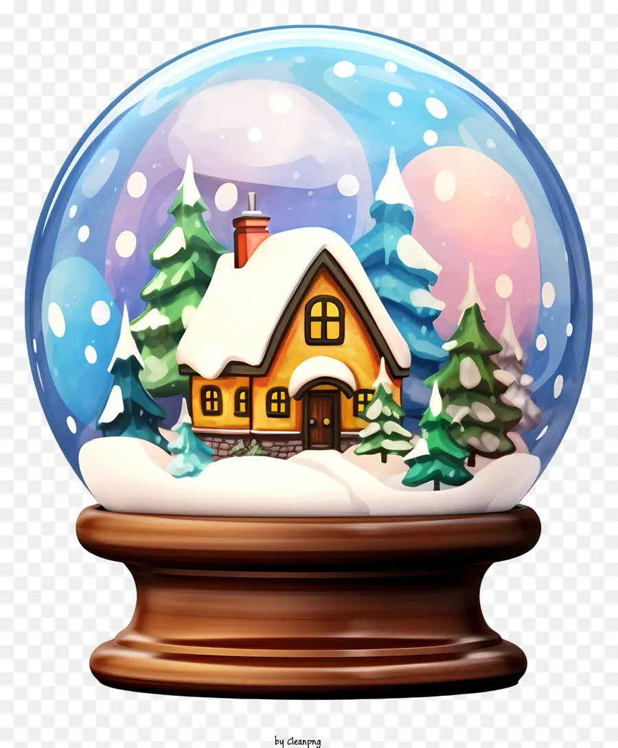 Pinien - Schneekugel mit Haus, Bäumen und Schneeflocken