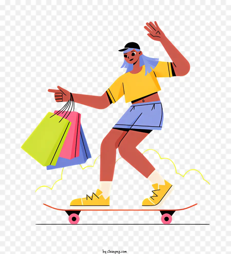 Skateboard-Einkaufseinkaufsmodische Mode gelbes T-Shirt - Person mit Skateboard -Tragen von Einkaufstaschen, die nach oben zeigen