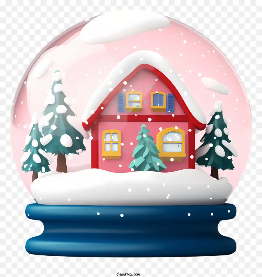 Winterszene kleines rosa Haus großer Schneekugel Holzzaun rotes Dach - Winterszene mit Pink House, Snow Globe