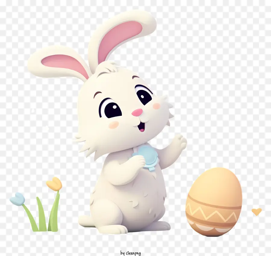 Decorazione di uova di coniglio da cartone animato piccoli fiori di oggetto sfondo scuro - Cartoon Rabbit detiene oggetto, simboleggia l'arrivo di Pasqua