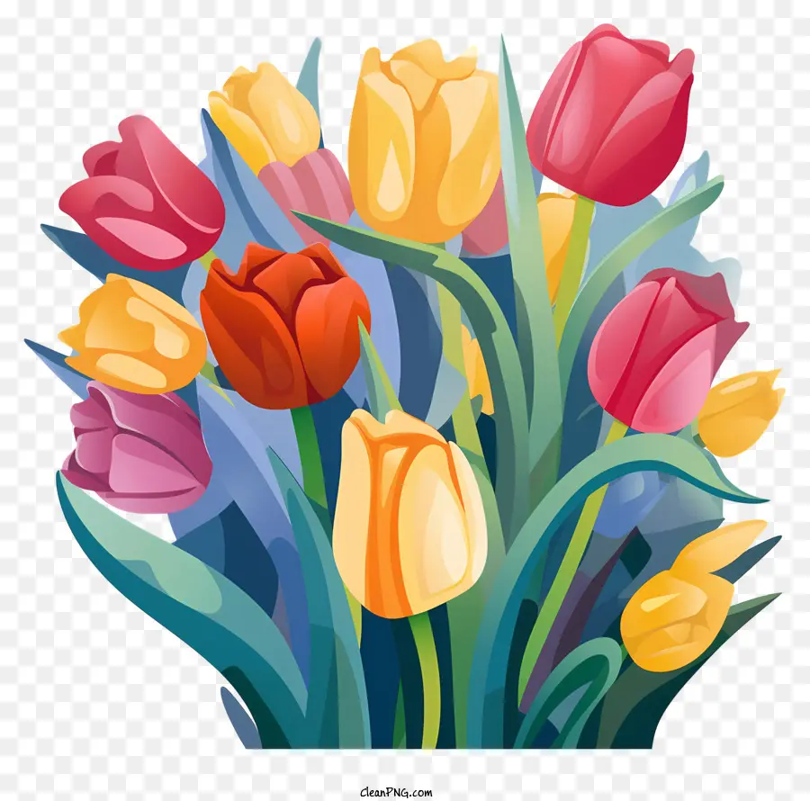 Những bó hoa tulip đầy màu sắc của hoa tulip màu xanh lá cây rực rỡ xếp tầng hoa tulip nhiều chồi - Hoa tulip đầy màu sắc xếp tầng trên nền đen