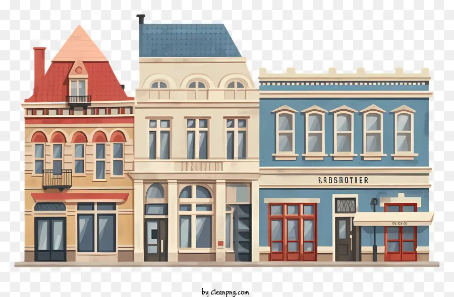 Gebäude im alten Stil rote und grüne Dächer Fenster mit Blick auf Straße Keine Menschen oder Autos sichtbare Vielfalt von Formen und Farben - Reihe von Gebäuden im alten Stil mit verschiedenen Farben