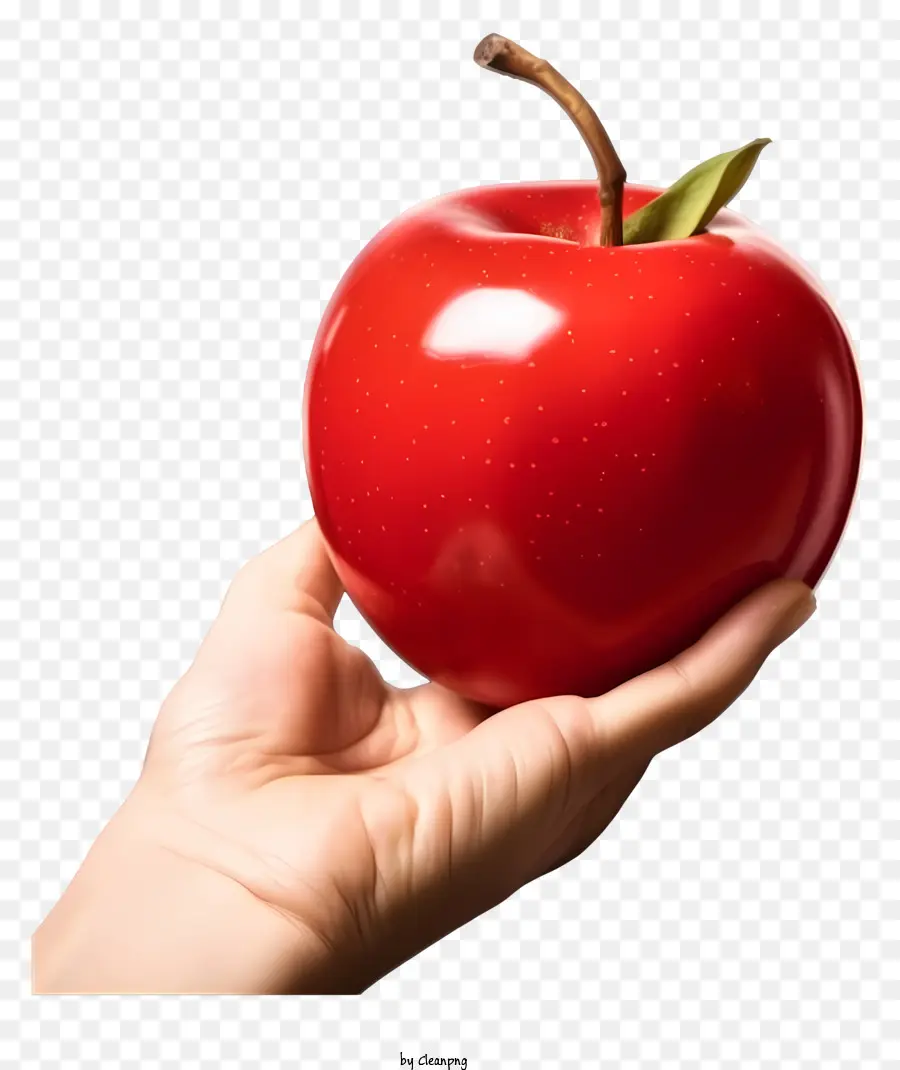 Handpalme der roten Apfel -Person drückte die schwarze Kulisse - Roter Apfel in der Hand, schwarzer Hintergrund, einfach