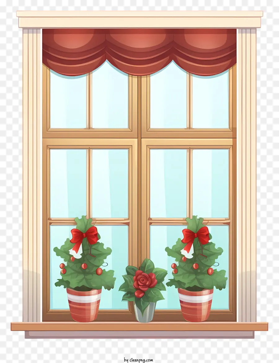 window sill decoration potted christmas trees curtained window decorated window front red and green ribbon
