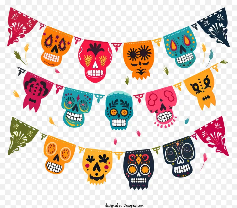 Tag der toten mexikanischen Schädel farbenfrohe Dekorationen traditionelle mexikanische Kugchenschädel mit Kronen - Bunte mexikanische Schädel, gekleidet in traditionellem Gewand