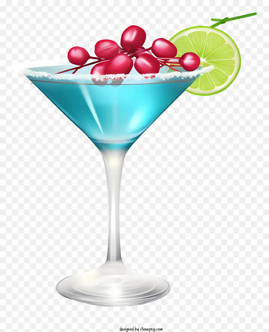 Blauer Cocktail -Cocktail mit Kirschen geschnittene Kirschen Lime Rand kleiner Löffel - Blauer Cocktail mit Kirsche, Limette und Löffel