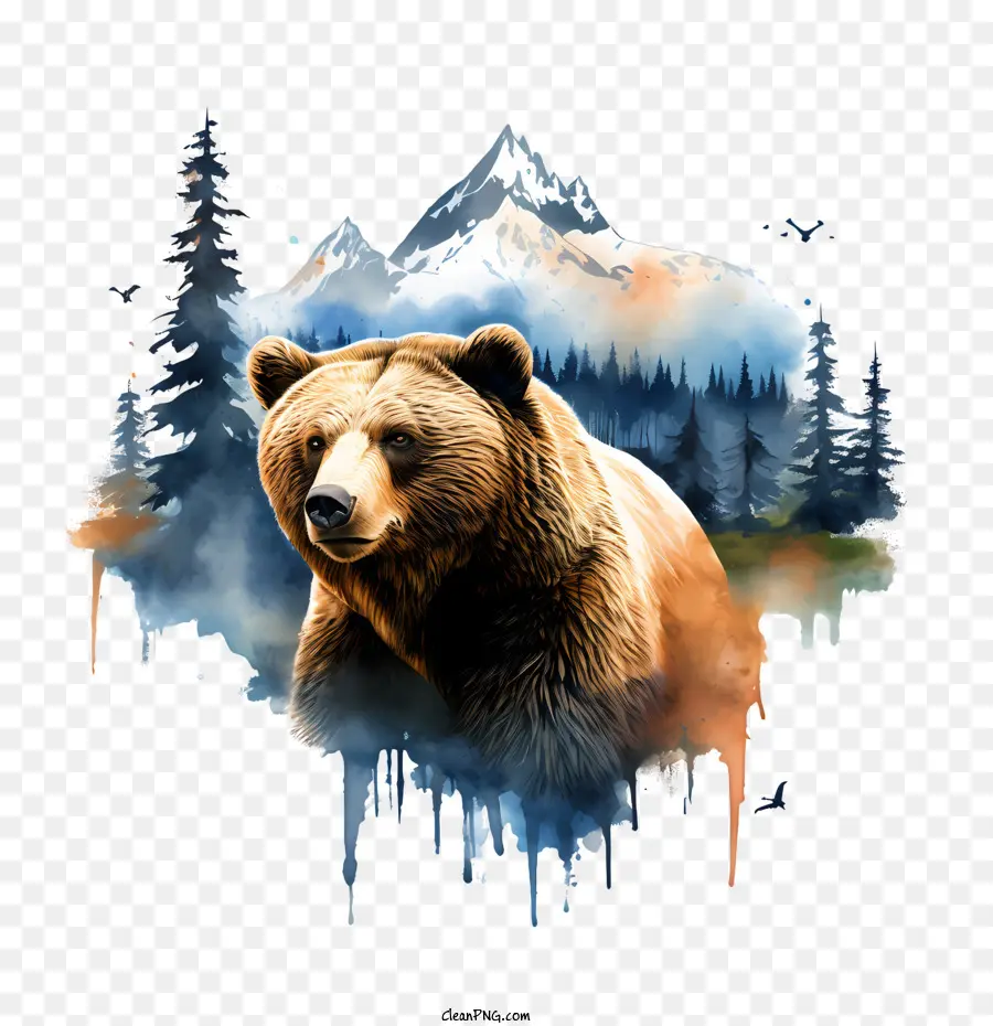 Alaska Day Mountain Watercolor Wilderness Bear - 