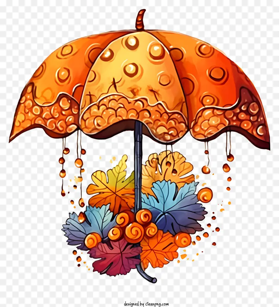orangefarbener Regenschirm Bunte Farbtröpfchen fällen Farbe aufgehängte Farbe - Farbenfrohe Farbe auf Regenschirm mit fallenden Tröpfchen