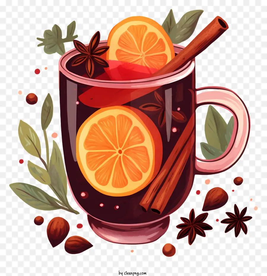 mulled wine cinnamon sticks cloves orange slices cup/glass of mulled wine