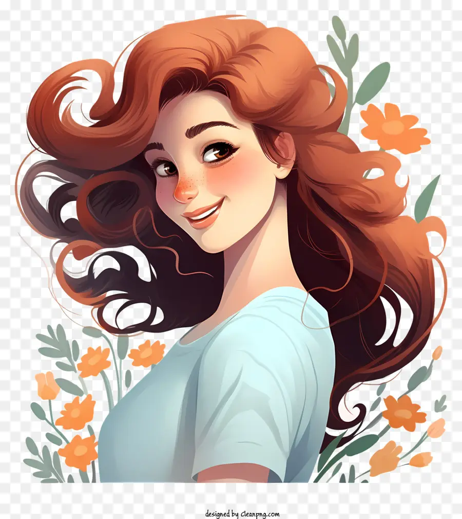 Tranh kỹ thuật số phụ nữ tóc dài tóc xoăn tóc đỏ - Bức tranh kỹ thuật số của một người tóc đỏ tươi cười trong hoa