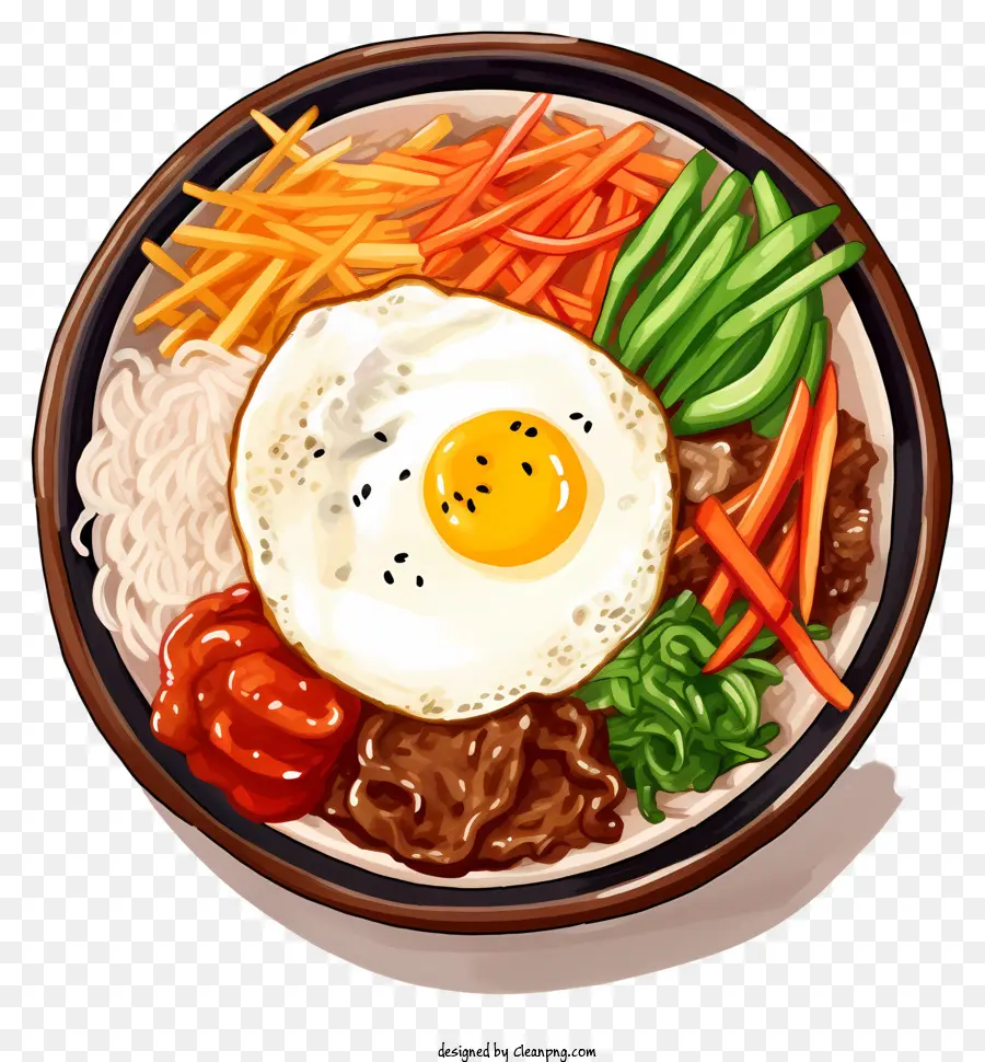 Koreanisches Essen gebratenes Ei würzige Nudeln Karotten und Bohnen Eierrollen Nudeln - Bunte koreanische Schüssel mit würzigen gebratenen Nudeln