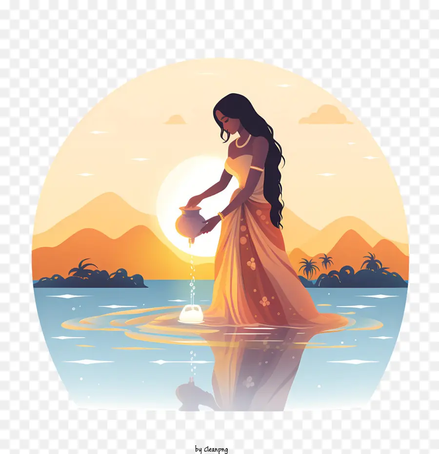 Chhath Puja Woman Lake Sunset Phong cảnh - 