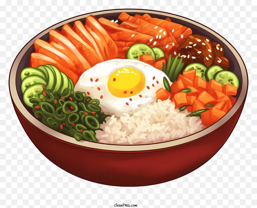 bowl of food rice vegetables fried egg red clay bowl
