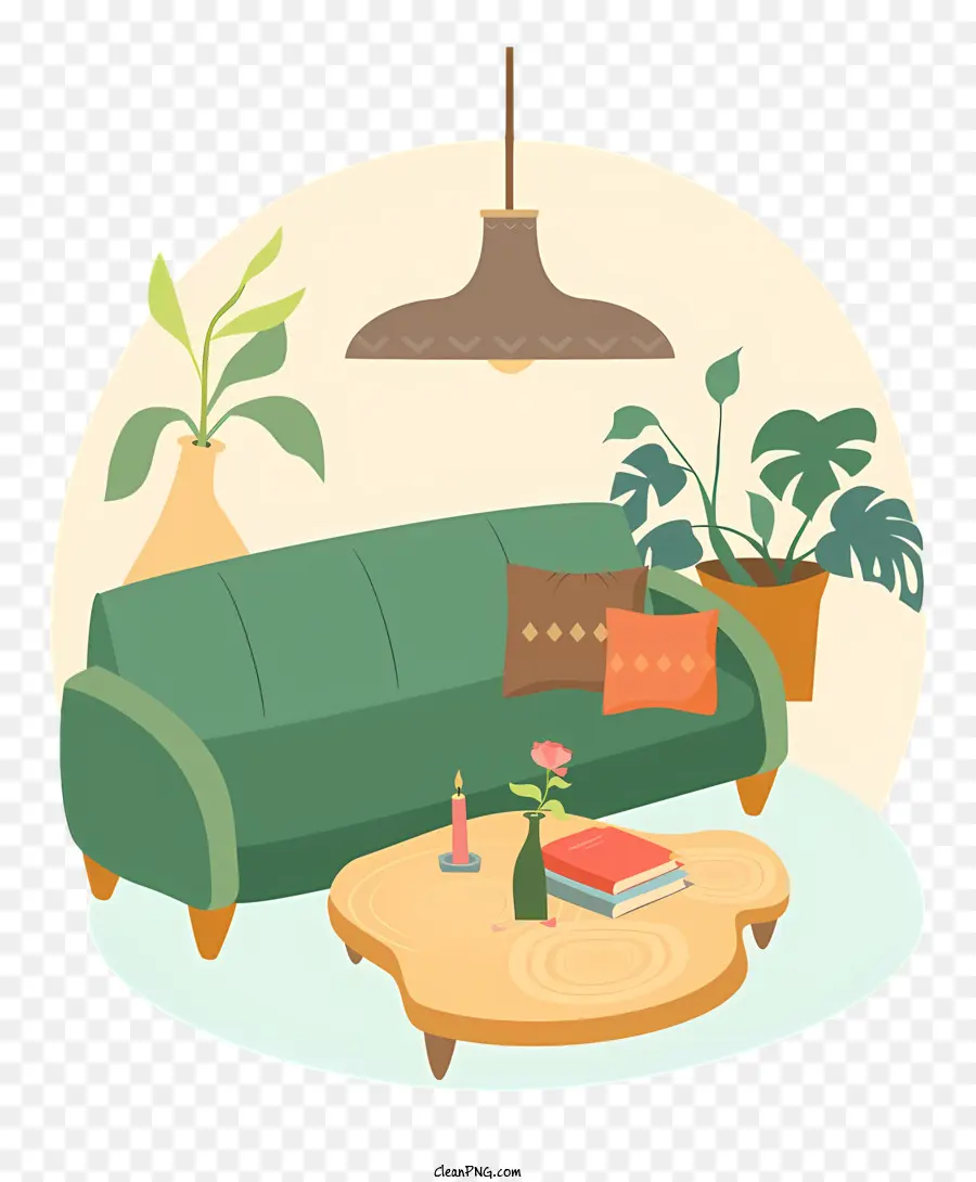 Couchtisch - Grüne Couch, Pflanzen, hellvoller Raum mit Teppich