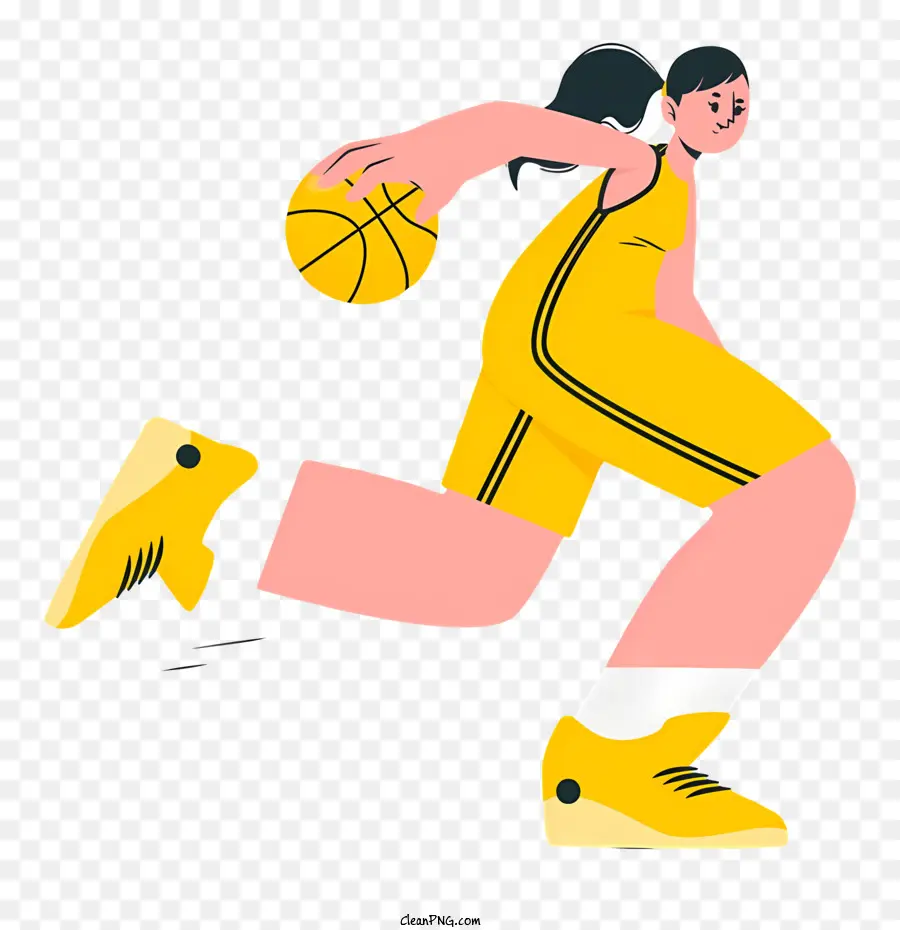 Cartoon Woman Giallo Basketball Uniform Sneaker nere che corre con la coda di cavallo da basket - Donna cartone animato in uniforme da basket con palla