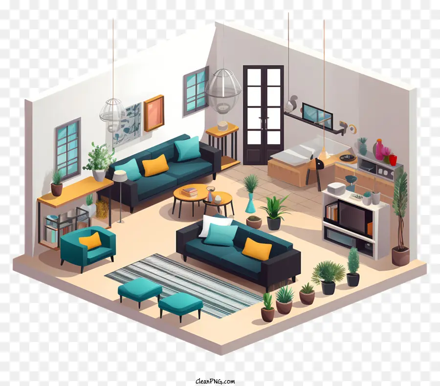 Holzboden - Wohnzimmer mit brauner Couch, blauer Stuhl