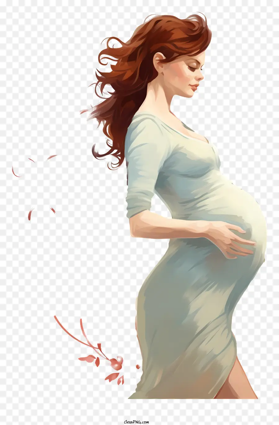 pregnant woman white dress digital painting realistic image long red hair