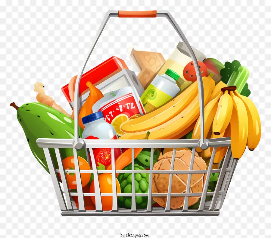 Einkaufskorbnahrungsmittel Obst Gemüse Fleischprodukte - Lebensmittelkorb gefüllt mit Obst, Gemüse und Fleisch