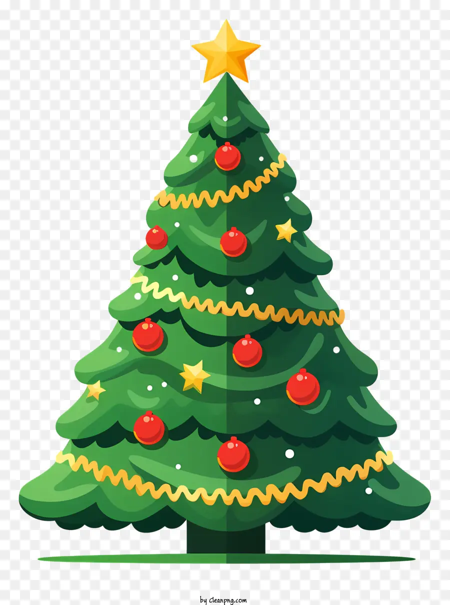 Weihnachtsbaum - Weihnachtsbaum mit grüner Basis, Goldkugeln, roter Stern, auf schwarzem Hintergrund