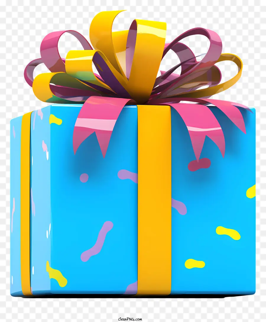 Geschenkverpackungsbogen und Konfetti Geschenk schwarzer Hintergrund - Blaues und gelbes Geschenk mit Bogen und Konfetti