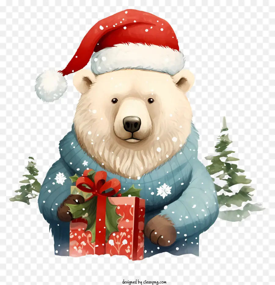 Orso nell'orso maglione con orso di Natale di Babbo Natale con orso festivo attuale - Orso in abbigliamento festivo è presente. 
I fiocchi di neve abbondano