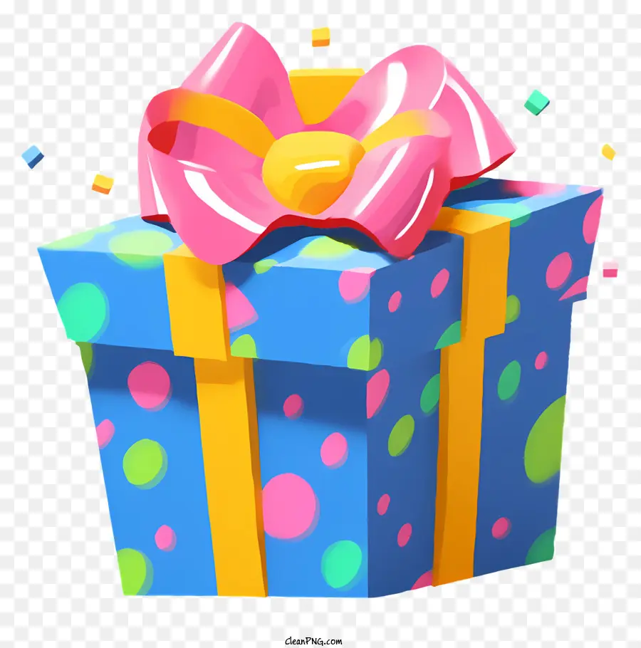 hộp quà - Hộp quà màu xanh với nơ hồng, confetti và bong bóng trên nền đen