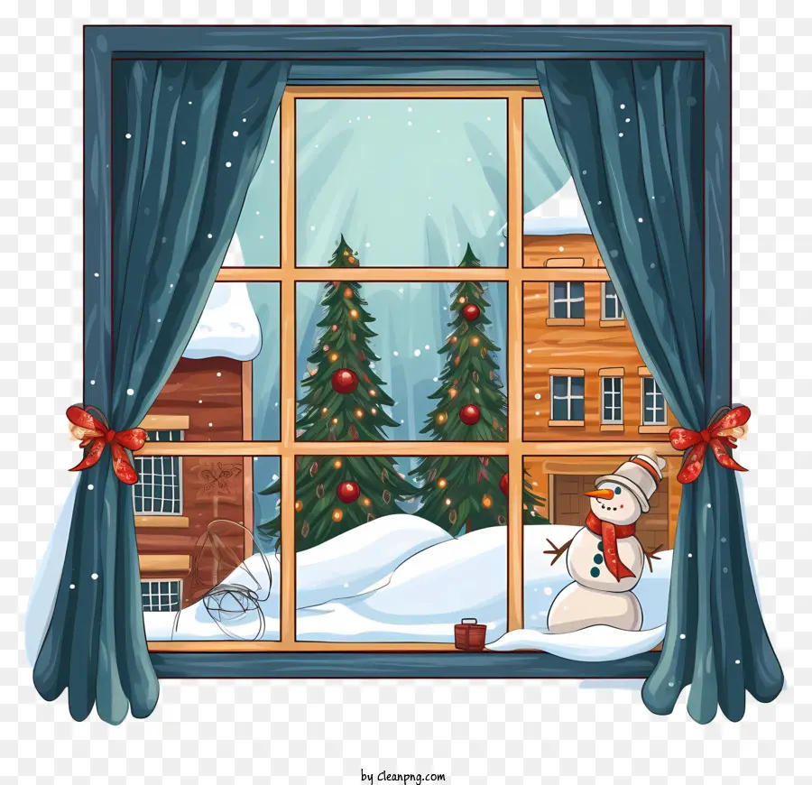 snowy winter scene red and green curtains small snowman snowy hill small town