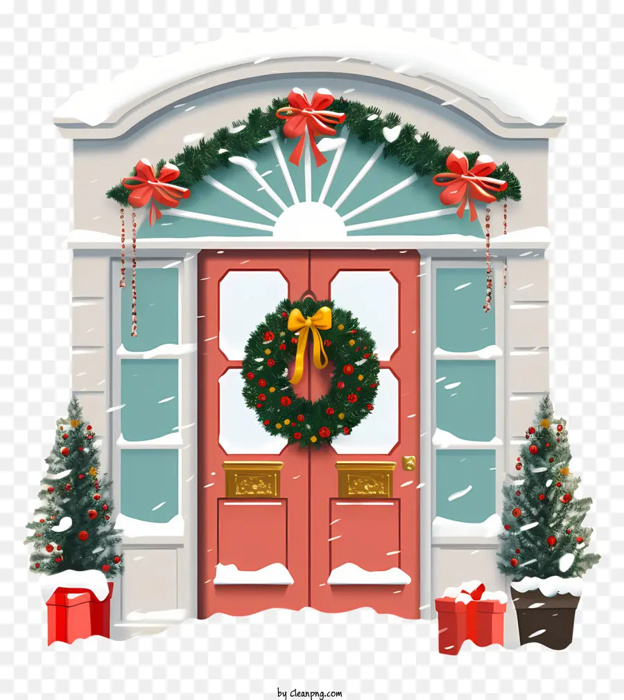 Weihnachten Kranz - Festliche rote Tür mit Winterdekorationen und Geschenken