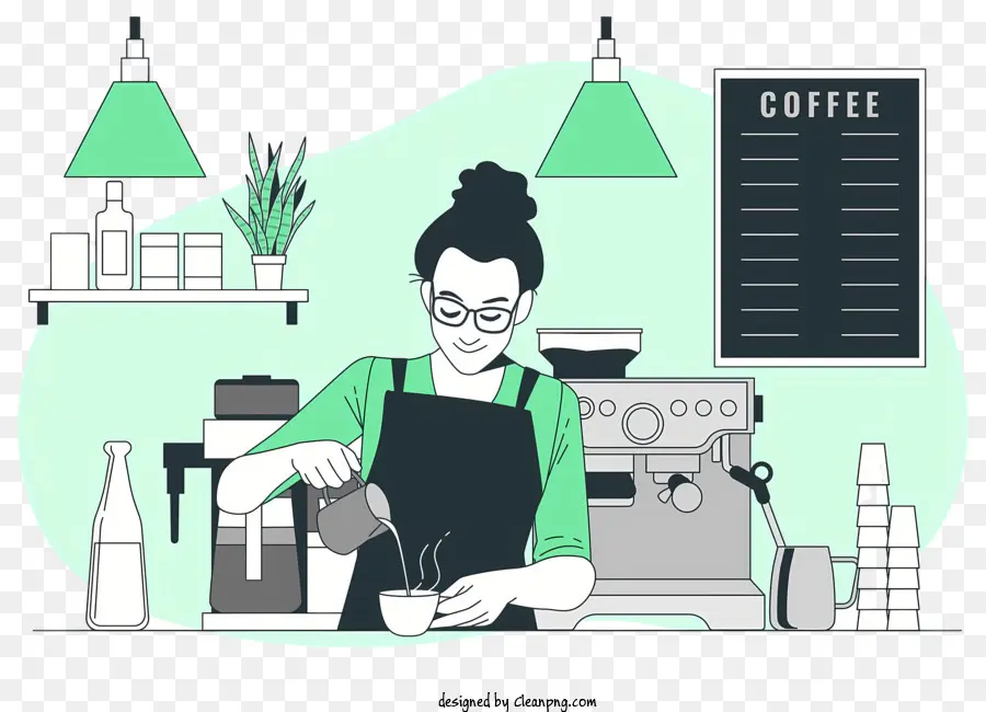 Cafeteria - Frau im grünen T-Shirt serviert Kaffee im Laden