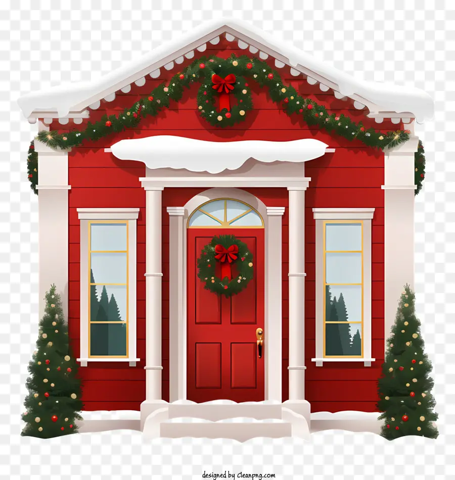 decorazioni di natale - Edificio rosso nevoso con decorazioni festive
