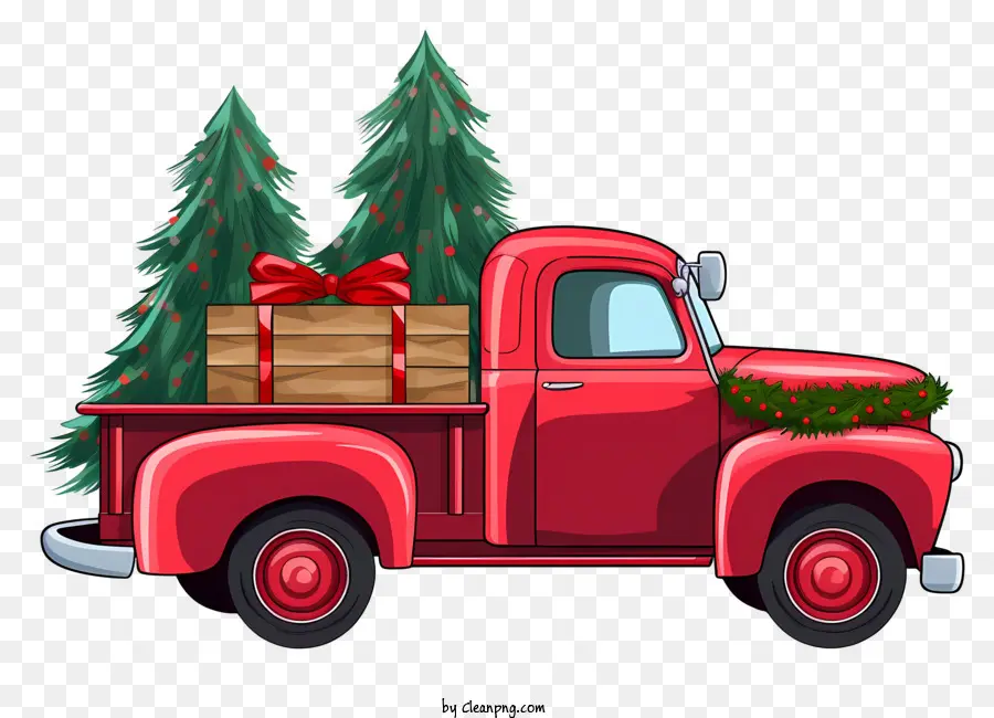 red truck wooden crate bow trees branches