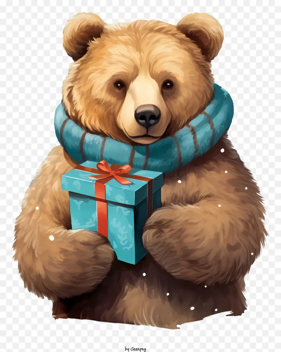 cartoon bear bear with scarf gift box with blue ribbon happy bear content bear