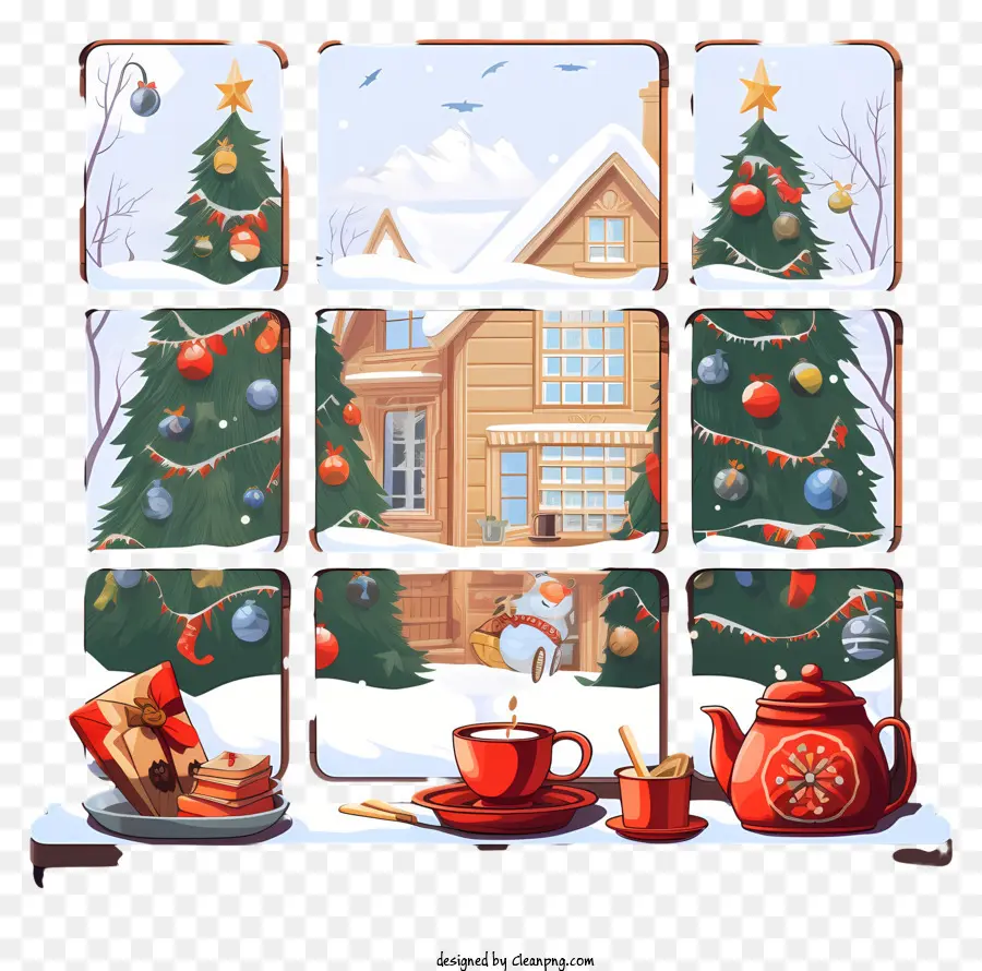 Weihnachtsbaum - Weihnachtsszene mit schneebedecktem Fenster und Dekorationen