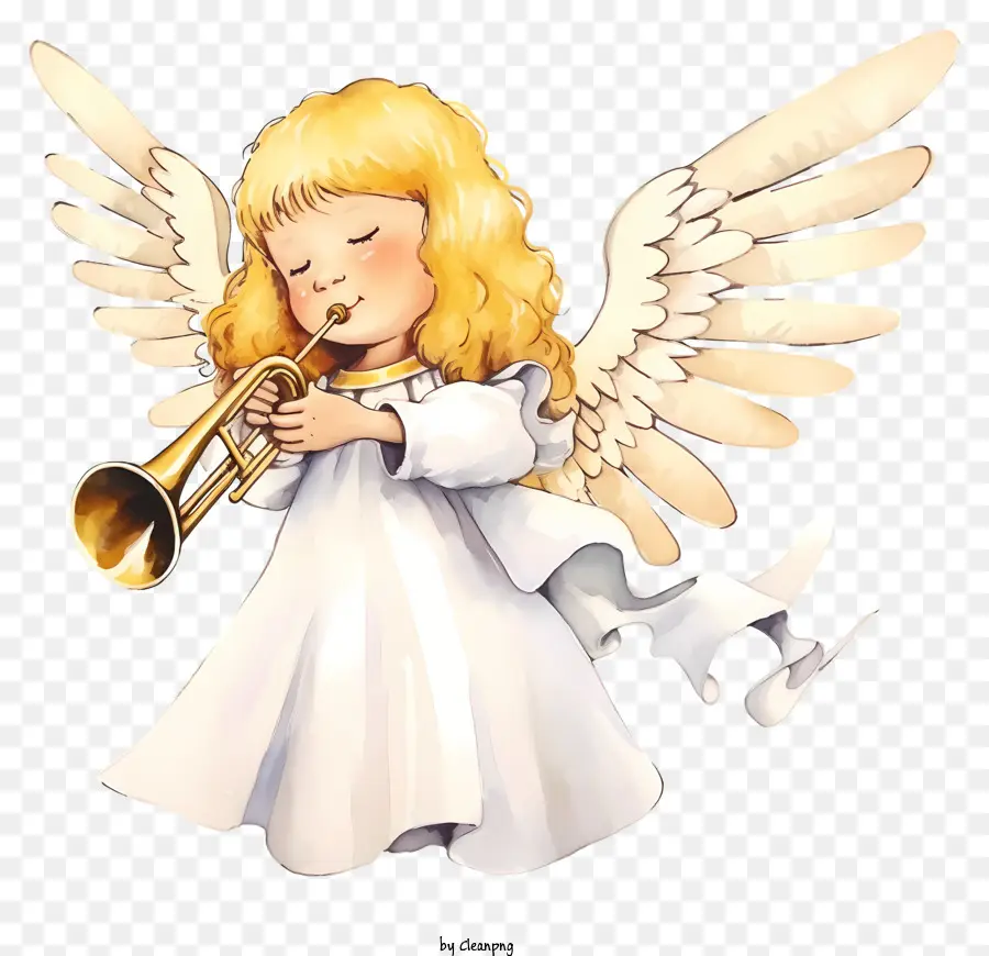 Engel Trompete weißes Kleid lächelnd Engel Spreiz Flügel - Schwarz -Weiß -Engel spielt Trompete mit Flügeln