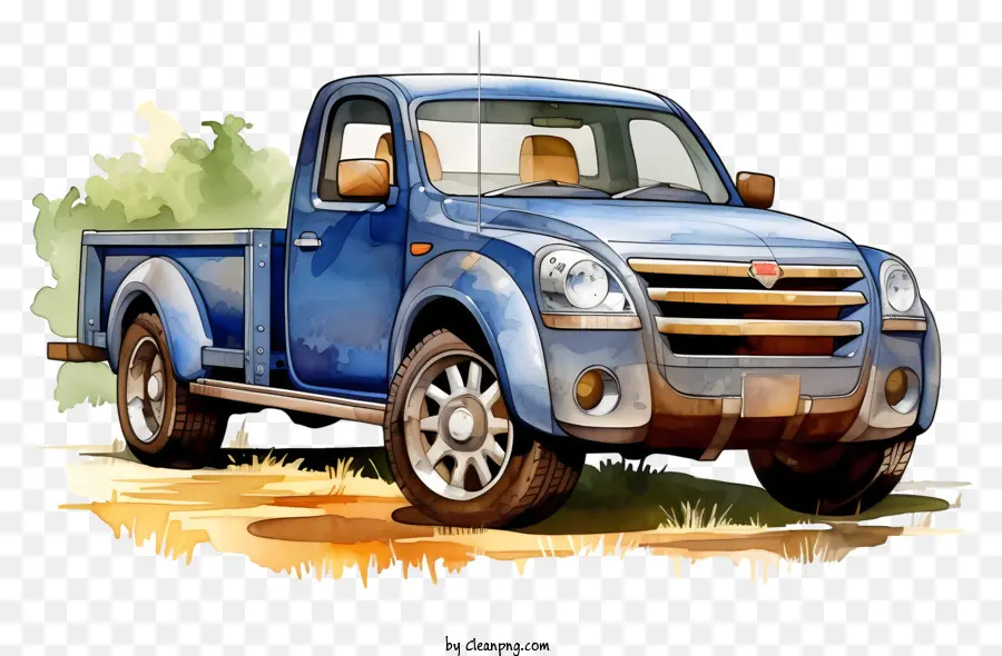 watercolor painting blue pickup truck dirt road rural area canopy